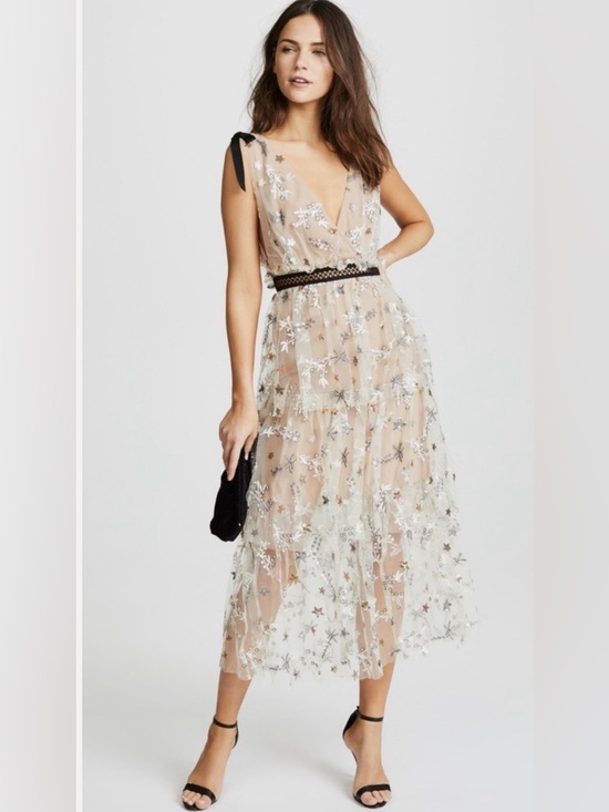 Self-Portrait Dresses & Skirts - Sheer Star-Embellished Midi Dress in Nude with Black Trim 2